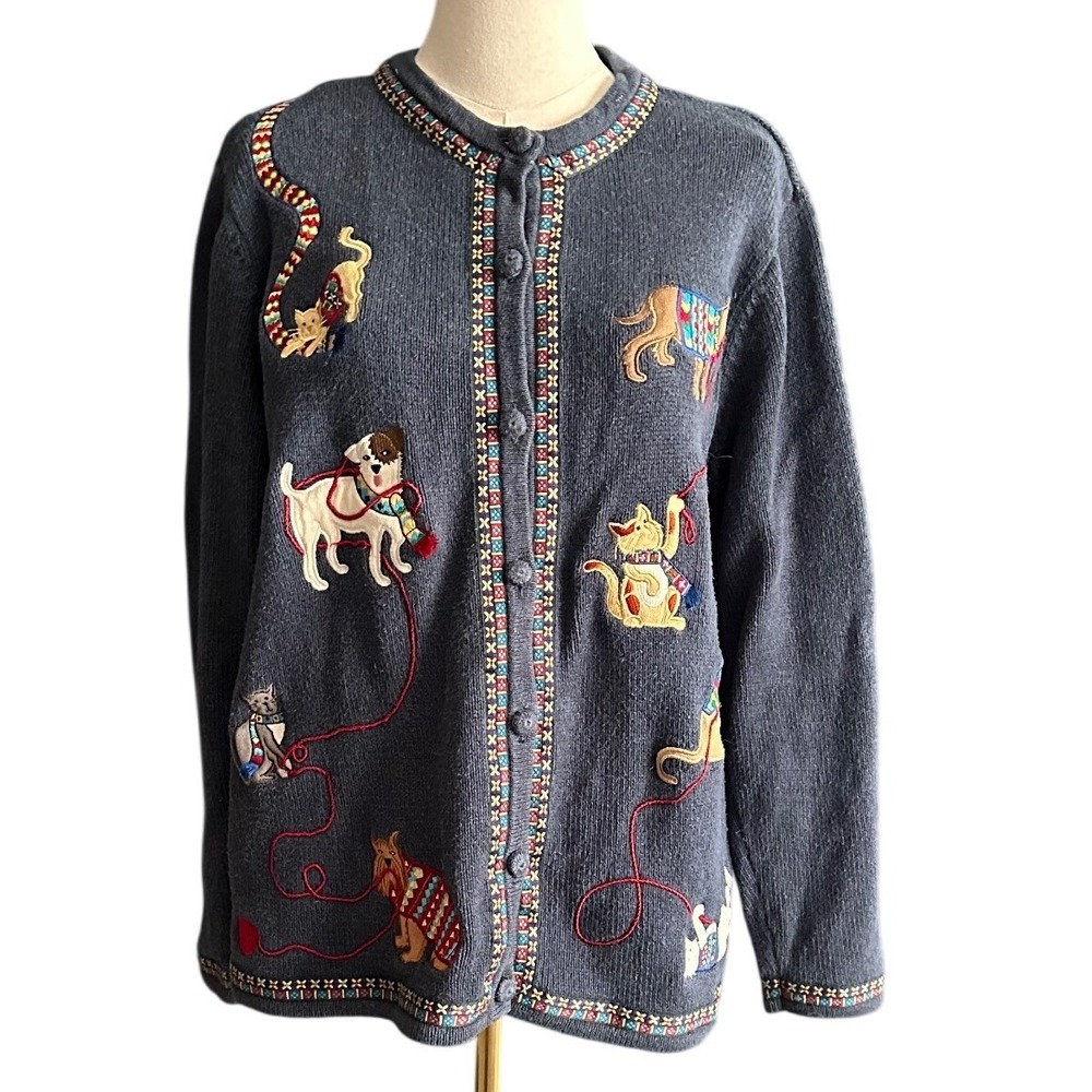 Vintage Bechamel‎ Embroidered Dog & Cat Novelty Cardigan Blue Large